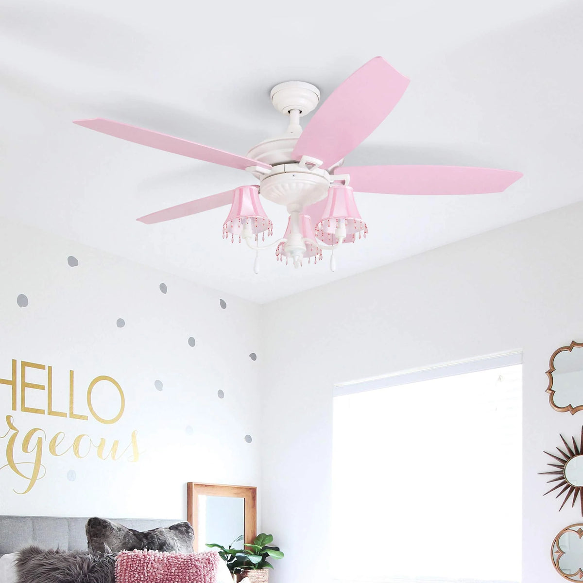 Prominence Home Elsa, 48 Inch Princess Style Indoor LED Ceiling Fan with Light, Pull Chain, Three Mounting Options, 5 Dual Finish Blades, Reversible Motor 50623-01 (White/ Pink)