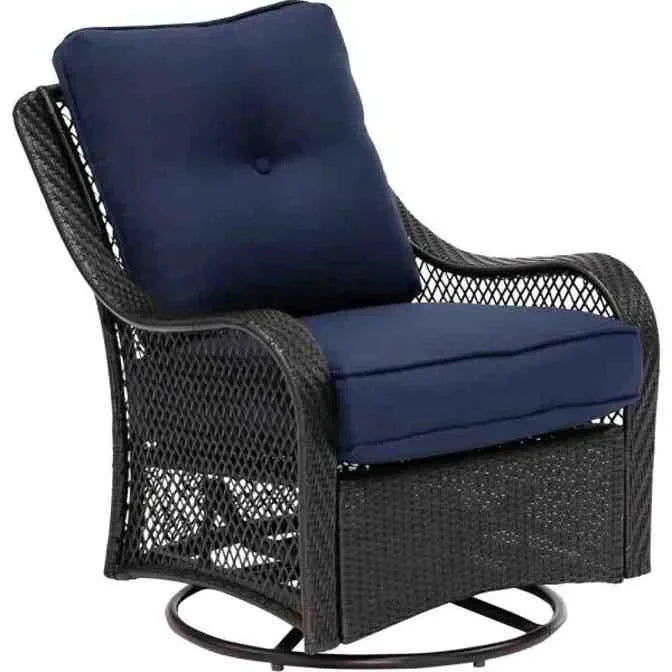 5-Piece Steel Patio Fire Pit Conversation Set with Navy Blue Cushions, Swivel Gliders and Square Fire Pit Table