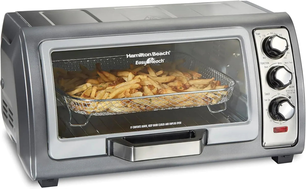 Hamilton Beach Air Fryer Toaster Oven Combo with Large Capacity, Fits 6 Slices or 12” Pizza, 4 Cooking Functions for Convection, Bake, Broil, Roll-Top Door, Easy Reach Sure-Crisp, Stainless Steel