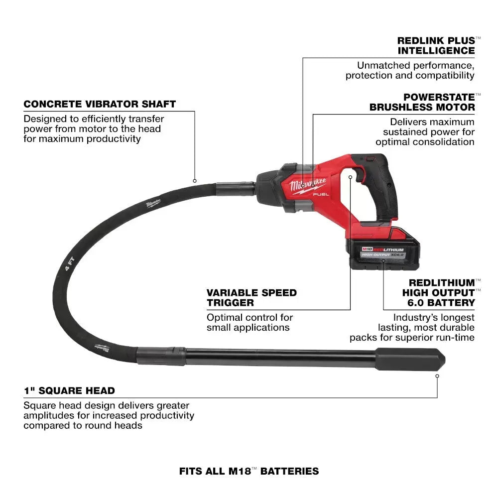 Milwaukee 2910-21 M18 FUEL 18V 4' Cordless Concrete Pencil Vibrator Kit