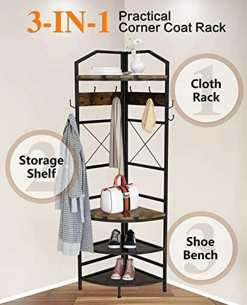YOPCTUO 3-in-1 Entryway Coat Rack Industrial Hall Tree Corner Cloth Rack with Bench Hallway Coat and Shoe Rack for Corner Entryway Organizer with Metal Shoe for Hallway Corner Entran