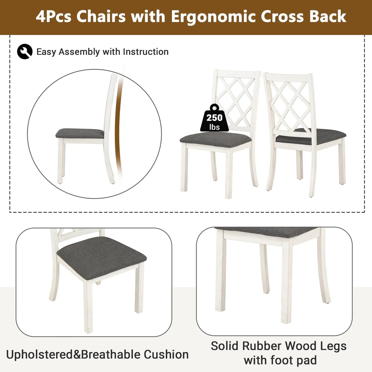 Llinc Store Mid-Century Solid Wood 5-Piece Round Dining Table Set for 4 Kitchen Table Set with Upholstered Chairs for Small Places Brown Table+Gray Chair