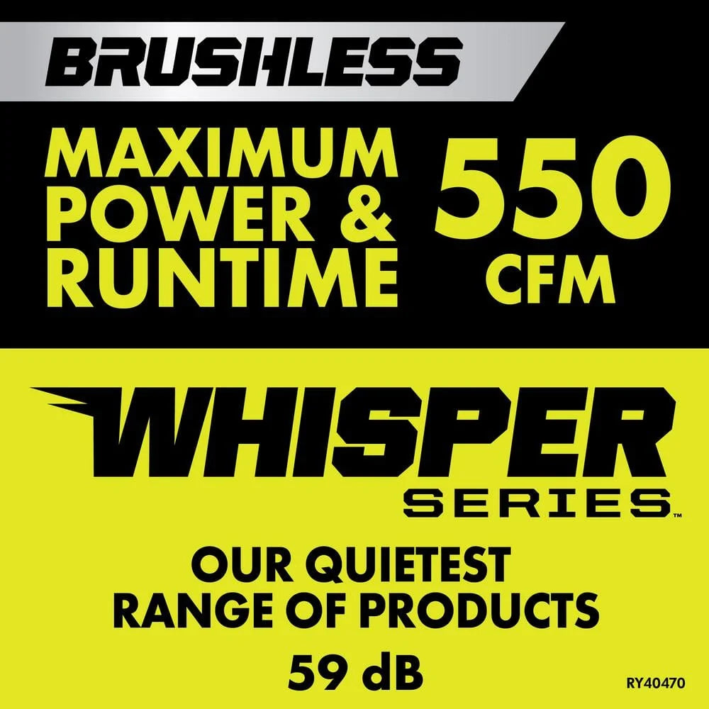 40V Brushless 125 MPH 550 CFM Cordless Battery Whisper Series Jet Fan Blower with 4.0 Ah Battery and Charger RY40470