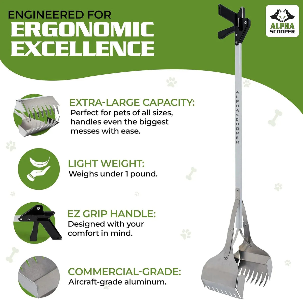 Dog Pooper Scooper for Yard - 38 Lightweight Ergonomic Handle, Rust-Resistant Aluminum, Jaws Technology Poop Scooper for Dogs