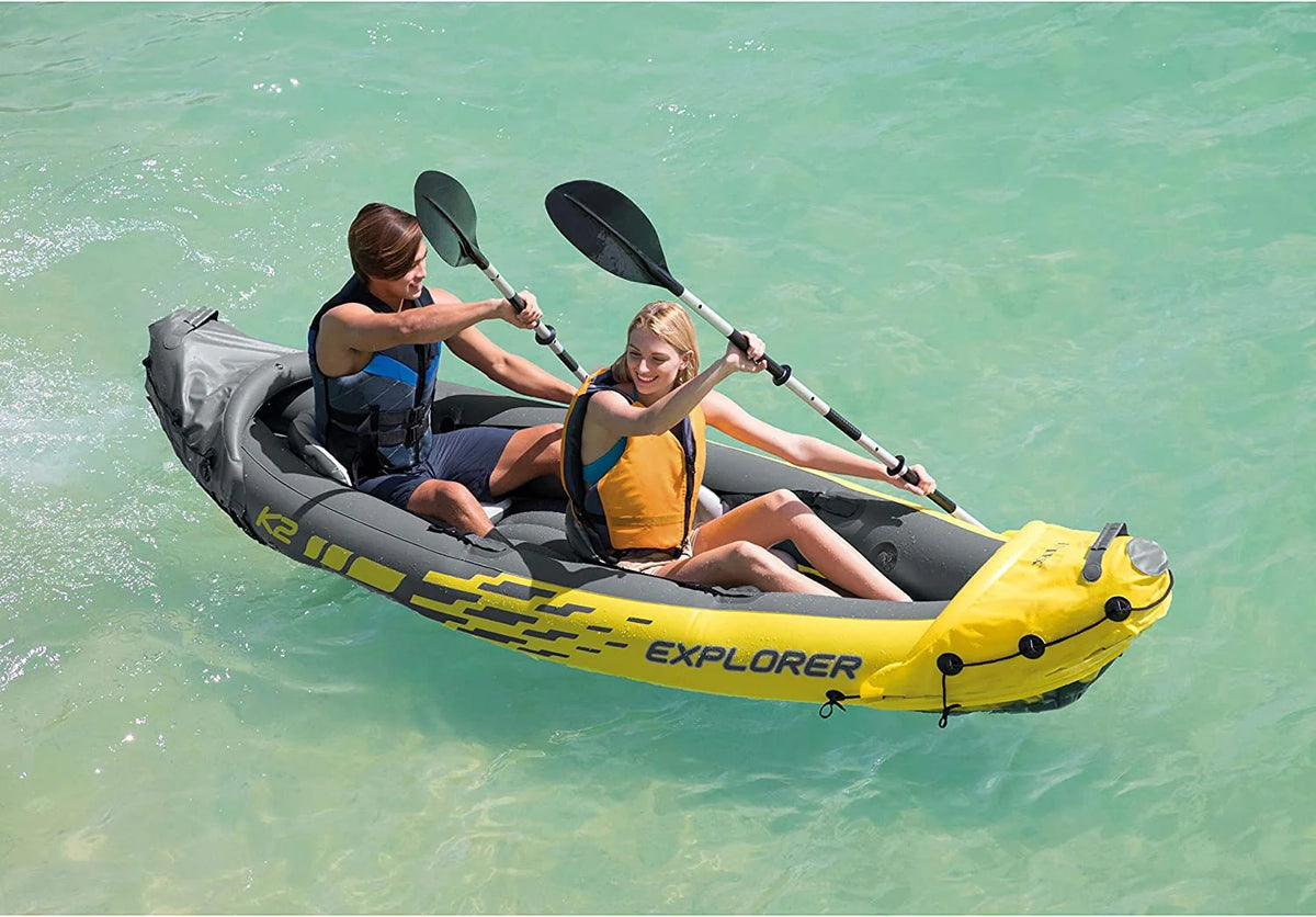 Explorer K2 Kayak�� 2-Person Inflatable Kayak Set with Aluminum Oars and High Output Air Pump