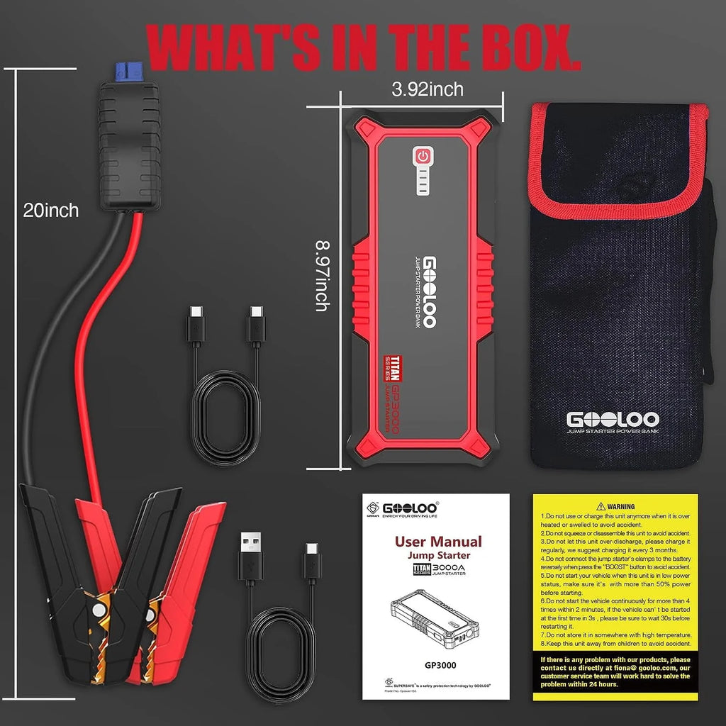 GOOLOO GP3000 Car Jump Starter,3000A Peak Jump Pack(Up to 9.0L Gas and 7.0L Diesel Engine)with USB Quick Charge,Portable 12V Lithium Battery Booster Box Car Starter
