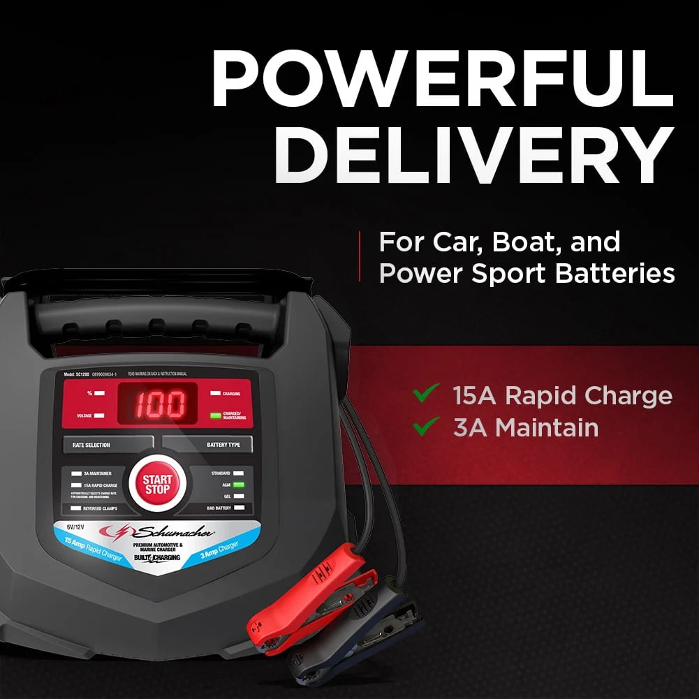 Schumacher SC1280 15A 6V/12V Fully Automatic Battery Charger/Maintainer – Auto & Marine - New in Box