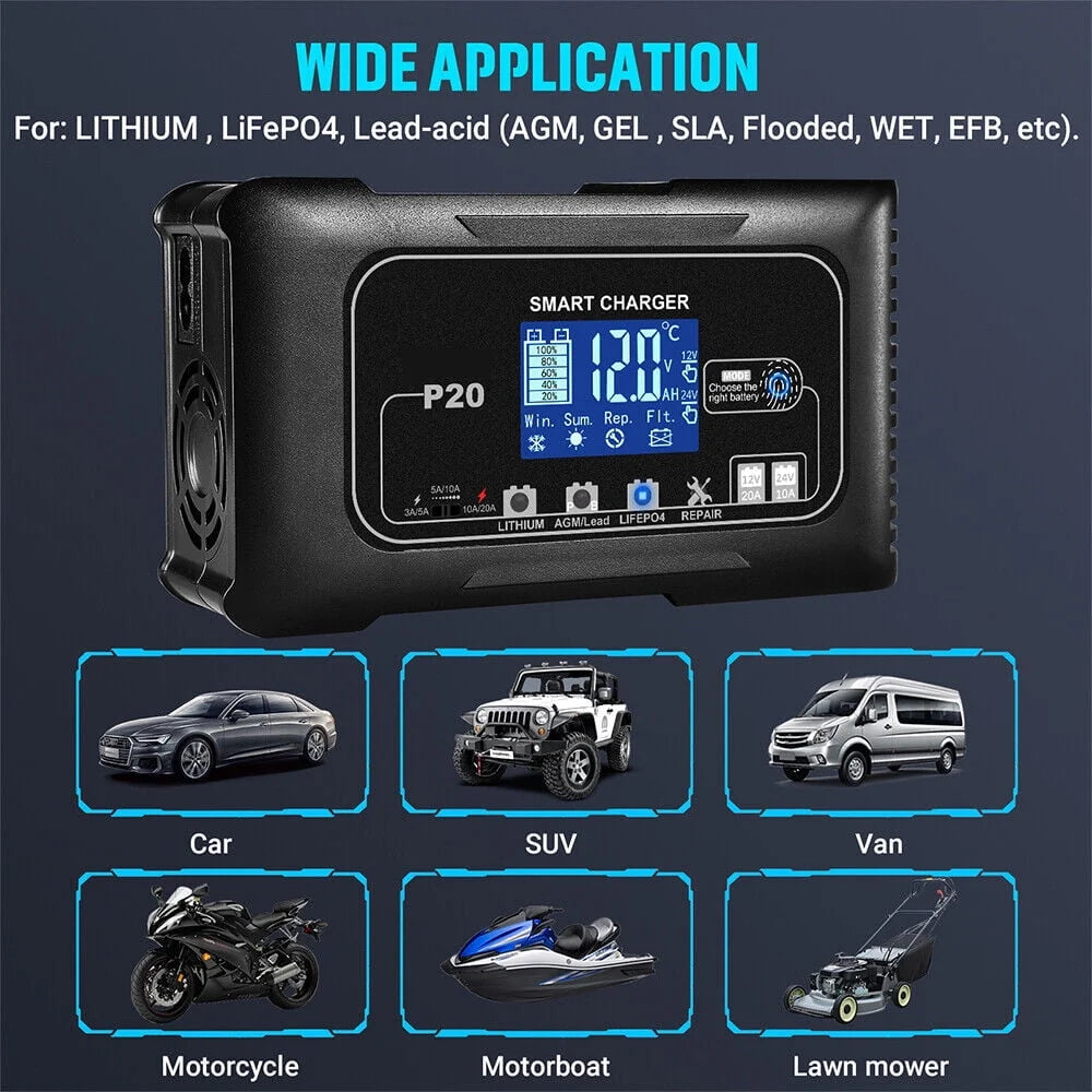 JahyShow Intelligent 12V/24V Battery Charger - Fast Charging with LCD Display, 20A Amp