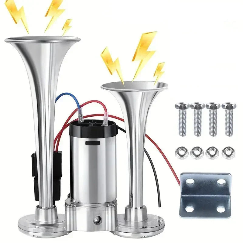 Electric Dual Air Horn with Auto-Refill Compressor and Mounting Bracket for 12V Vehicles
