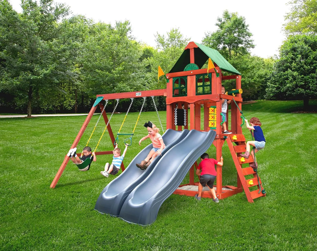 Gorilla Playsets 01-1057 Playmaker Deluxe Wooden Swing Set with Vinyl Canopy Roof, Dual Wave Slides, and Rock Climbing Wall, Redwood Stained Cedar