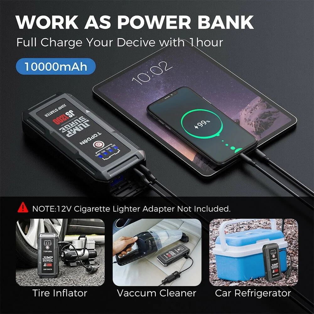 Car Jump Starter TOPDON JS1200 10000mAh Peak 1200A 12V Car Starter Lithium Battery Booster