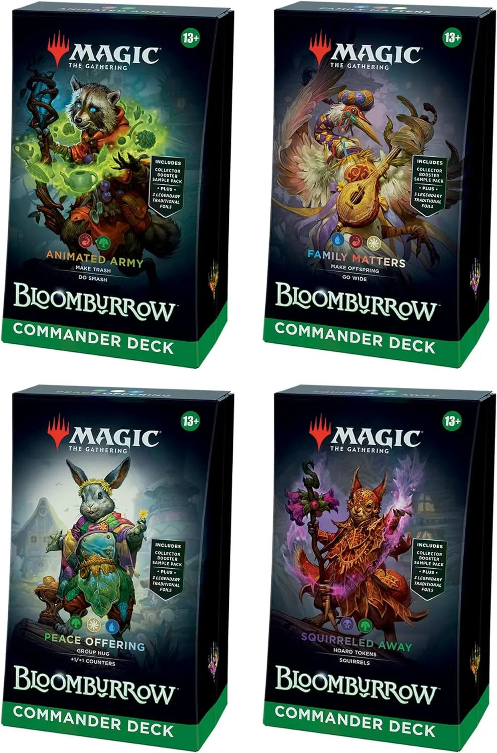 Magic: The Gathering Bloomburrow Commander Deck Bundle – Includes All 4 Decks (Animated Army  Family Matters  Peace Offering  and Squirreled Away)