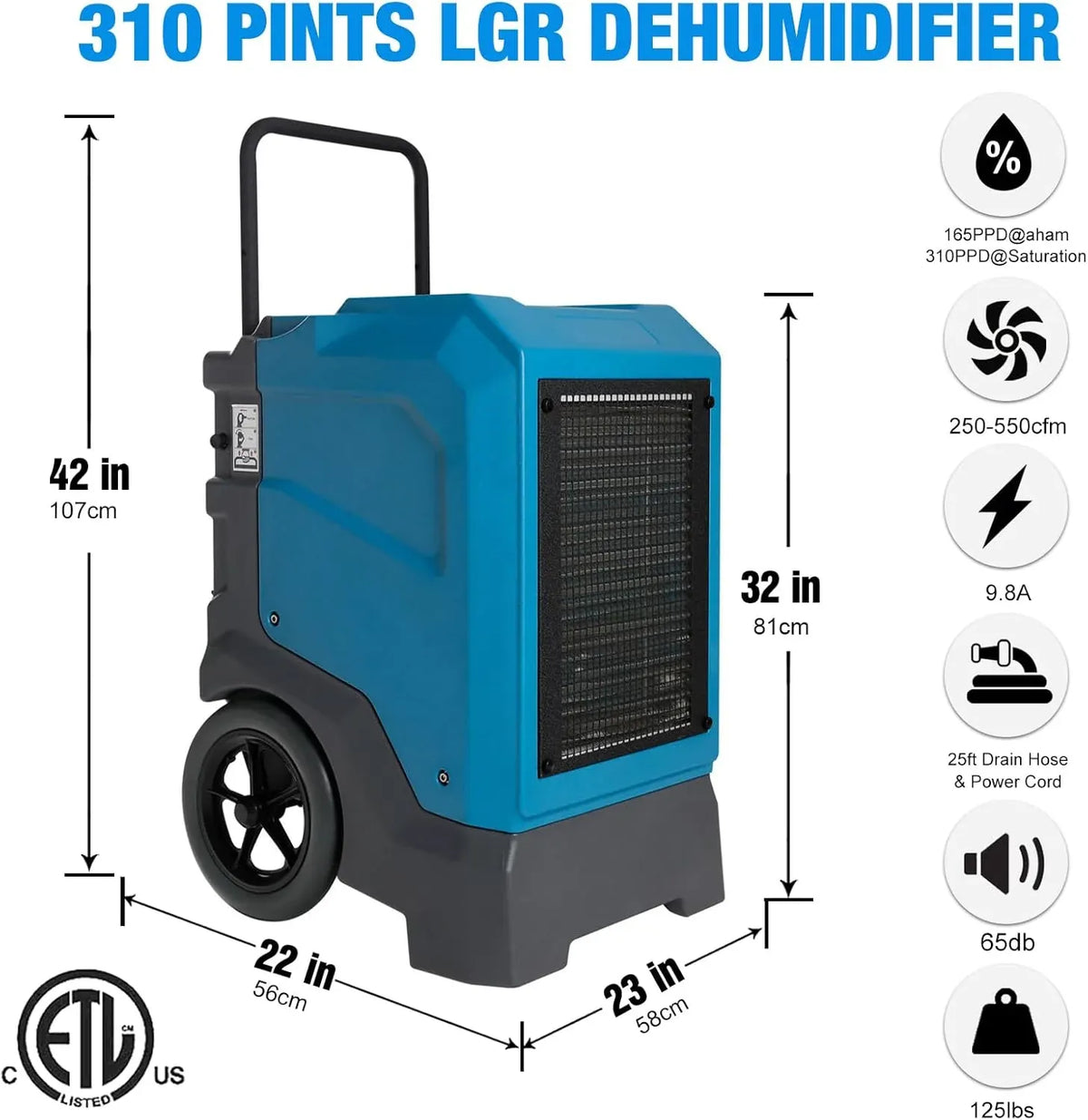 310 Pints LGR Commercial Dehumidifier with Built-In Pump and Drain Hose – Portable, Heavy-Duty Dehumidifier with Wheels for Basements, Garages, Home, and Job Sites (Blue)