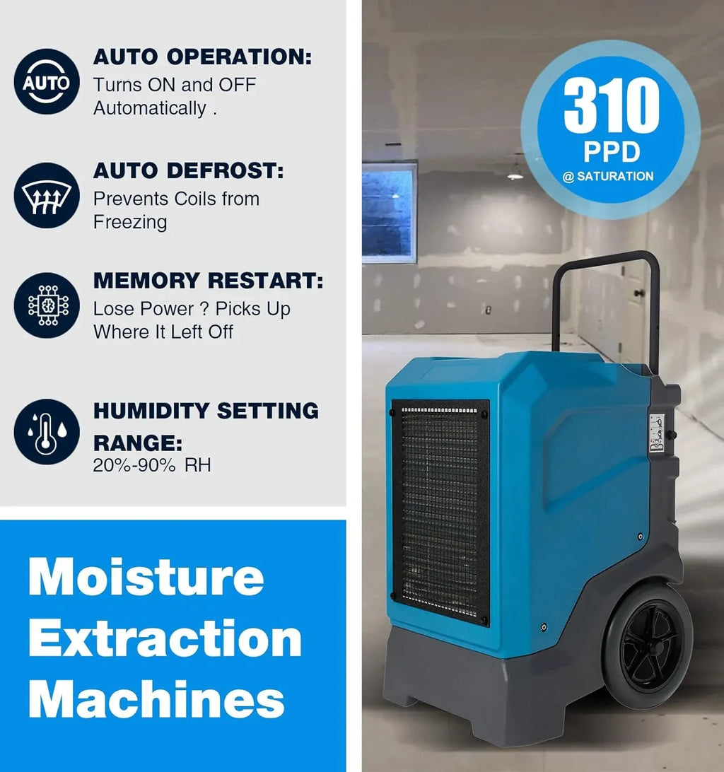 310 Pints LGR Commercial Dehumidifier with Built-In Pump and Drain Hose – Portable, Heavy-Duty Dehumidifier with Wheels for Basements, Garages, Home, and Job Sites (Blue)