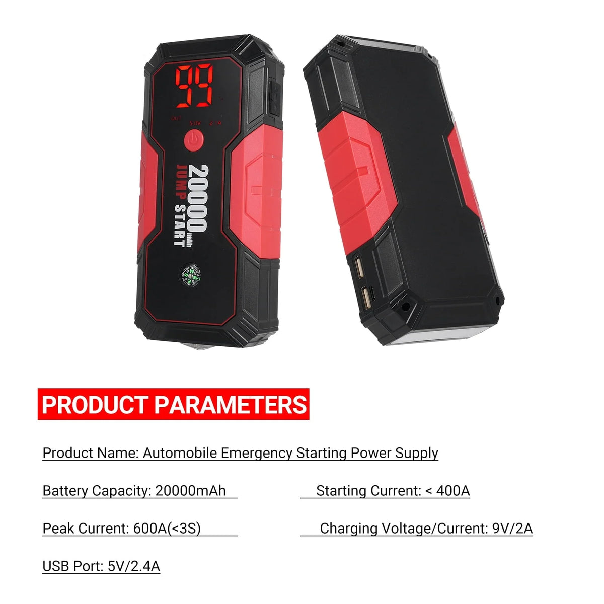Portable 12V Auto Battery Booster by Lepmerk, DN13 Car Jump Starter, 600A Peak Current