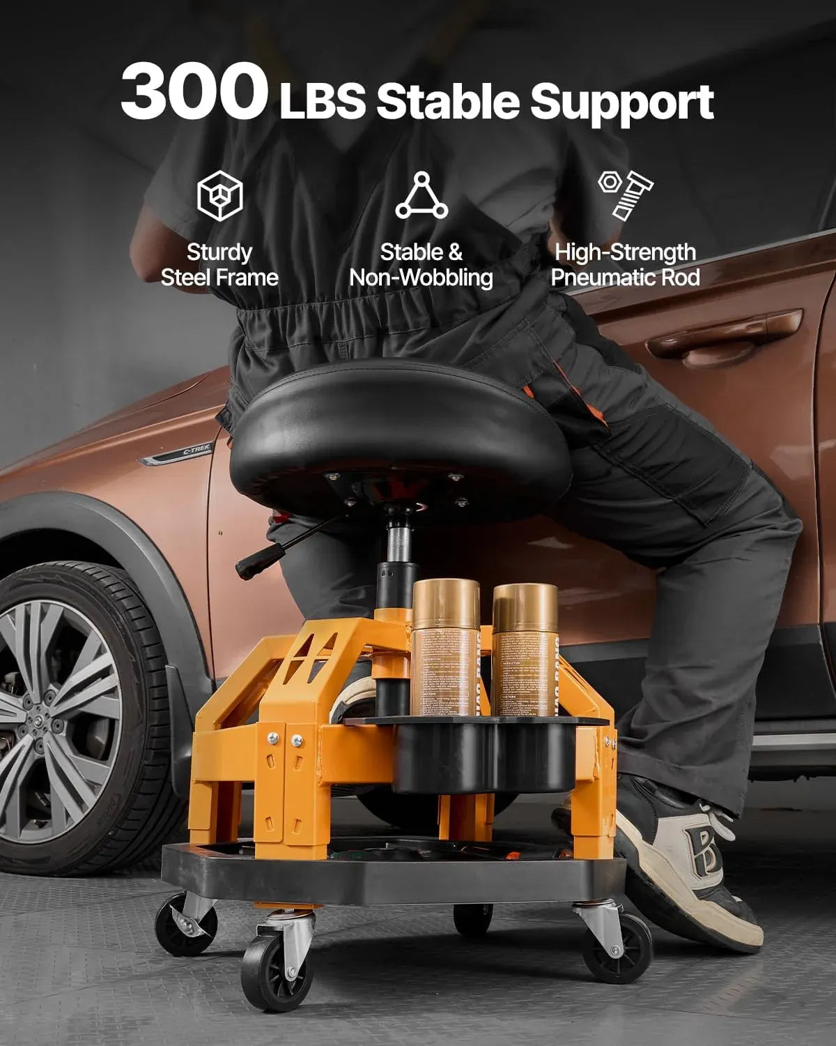 Garage Stool, Rolling Mechanic Stool with Dual Storage Trays, Pneumatic Height 23.6–29.5 in, Soft Waterproof Cushion, 360° Swivel Casters for Garage, Shop & Auto Repair