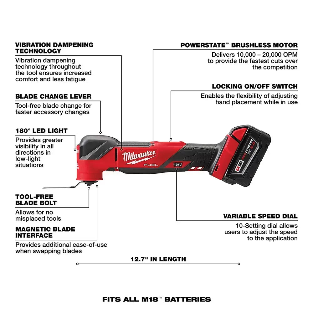 Milwakee 2836-21MT 18V FUEL M18 Multi Tool Kit w/ Blade Set - 9 PC