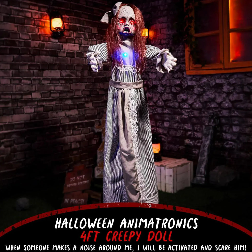 Halloween Animatronics 4Ft Creepy Doll Decoration - 48Inch Animated Scary Talkin