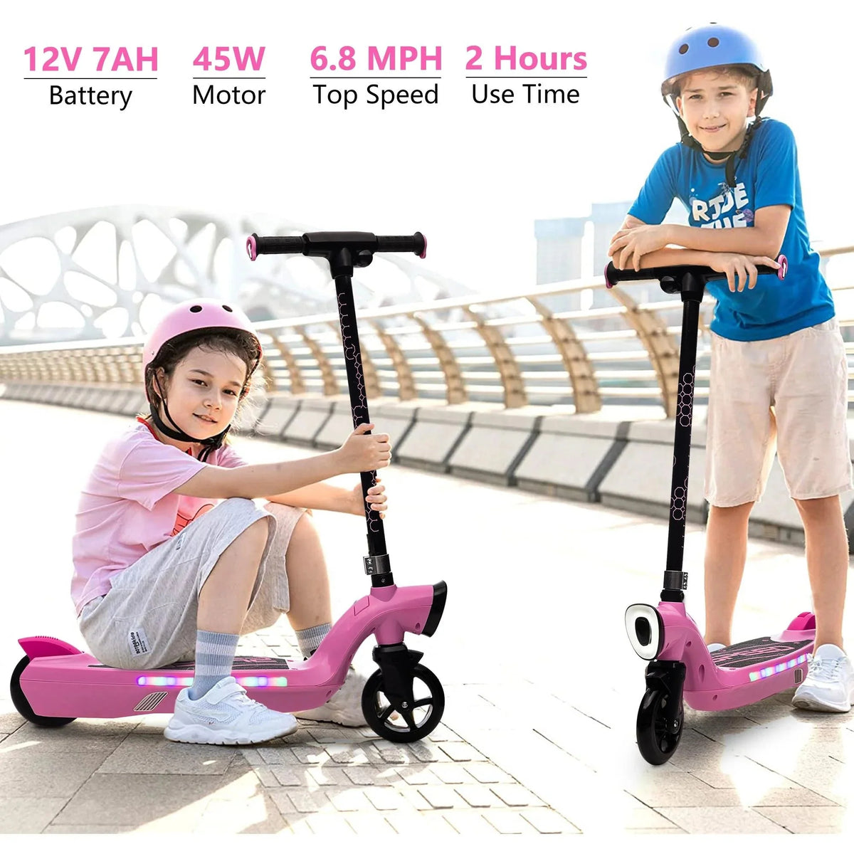 iRerts Kids Electric Scooter for 6-14 Year Old, Portable Kids Scooter for Boys Girls, 12V 45W Kids Electric Scooter with Front Big Light, Rear Brake, Colorful Deck Light, Pink