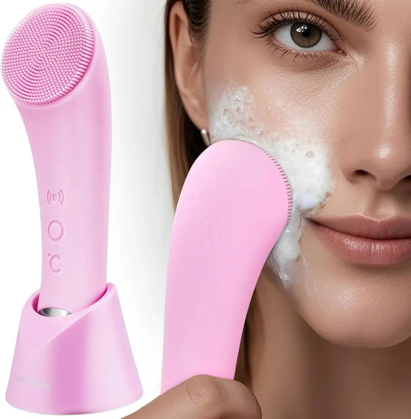 Facial Cleansing Brush with Heated Metal Tip and 5 Vibration Modes, Silicone Bristles