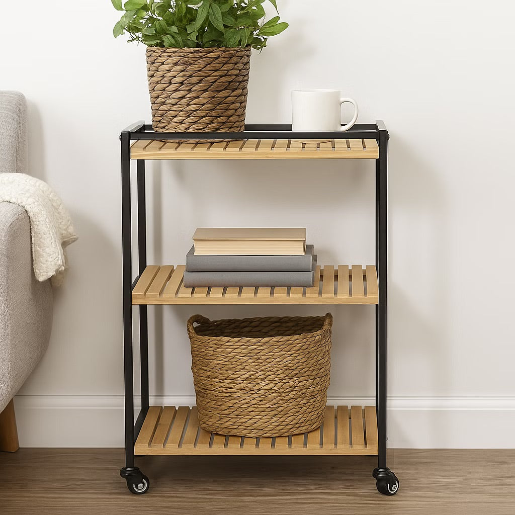 Bamboo Storage Trolley with Three Open Shelves and Rolling  Wheels
