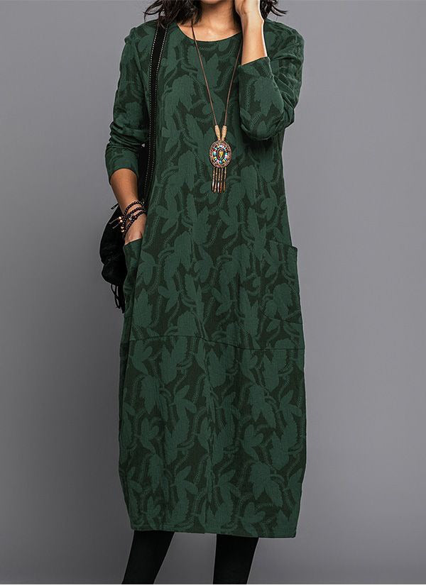 Floral Midi Dress with Long Sleeves and Side Pockets