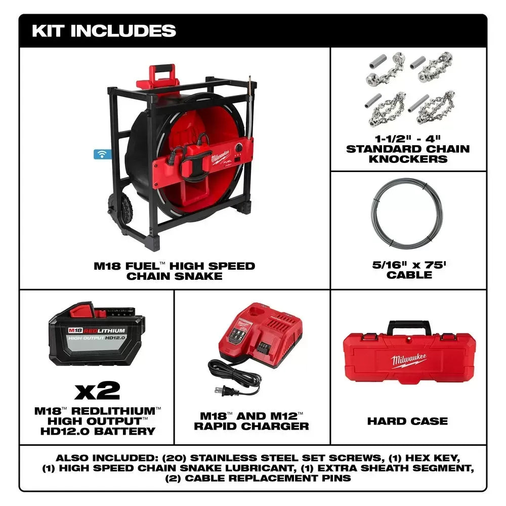Milwaukee 2819-22 M18 FUEL 18V High Speed Chain Snake Kit for 1-1/2 – 4 Pipes