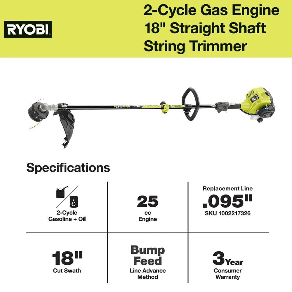 25 cc 2-Stroke Attachment Capable Full Crank Straight Gas Shaft String Trimmer RY253SS