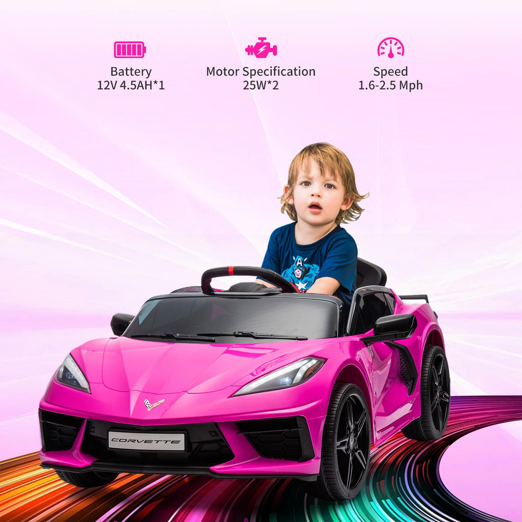 12V Kids Ride on Car Licensed Corvette Battery Powered Car Toddles Electric Sports Car Toy with Remote Control, Visual Dashboard, LED Lights, Music, Gifts for Boys Girls, Rose Red