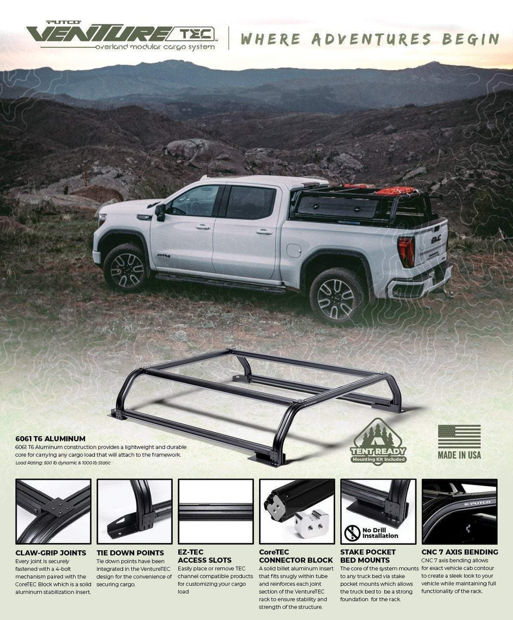 PUTCO Venture TEC Rack - 2016-2021+ Toyota Tacoma 6' Standard Box - 184410