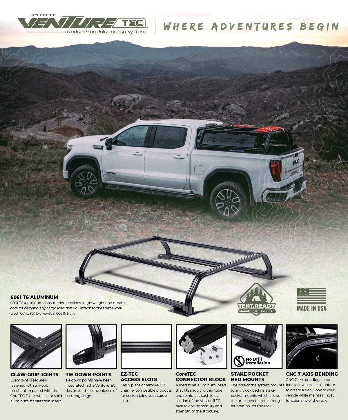 PUTCO Venture TEC Rack - 2016-2021+ Toyota Tacoma 6' Standard Box - 184410