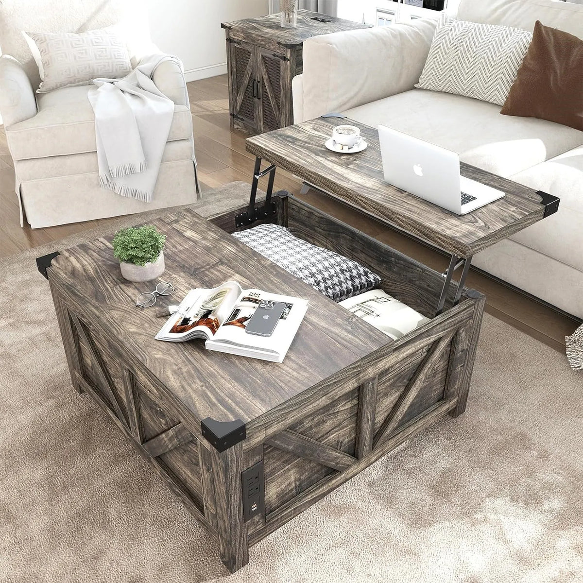 35.6 Farmhouse Lift Top Coffee Table, Square Center Table with Charging Statio