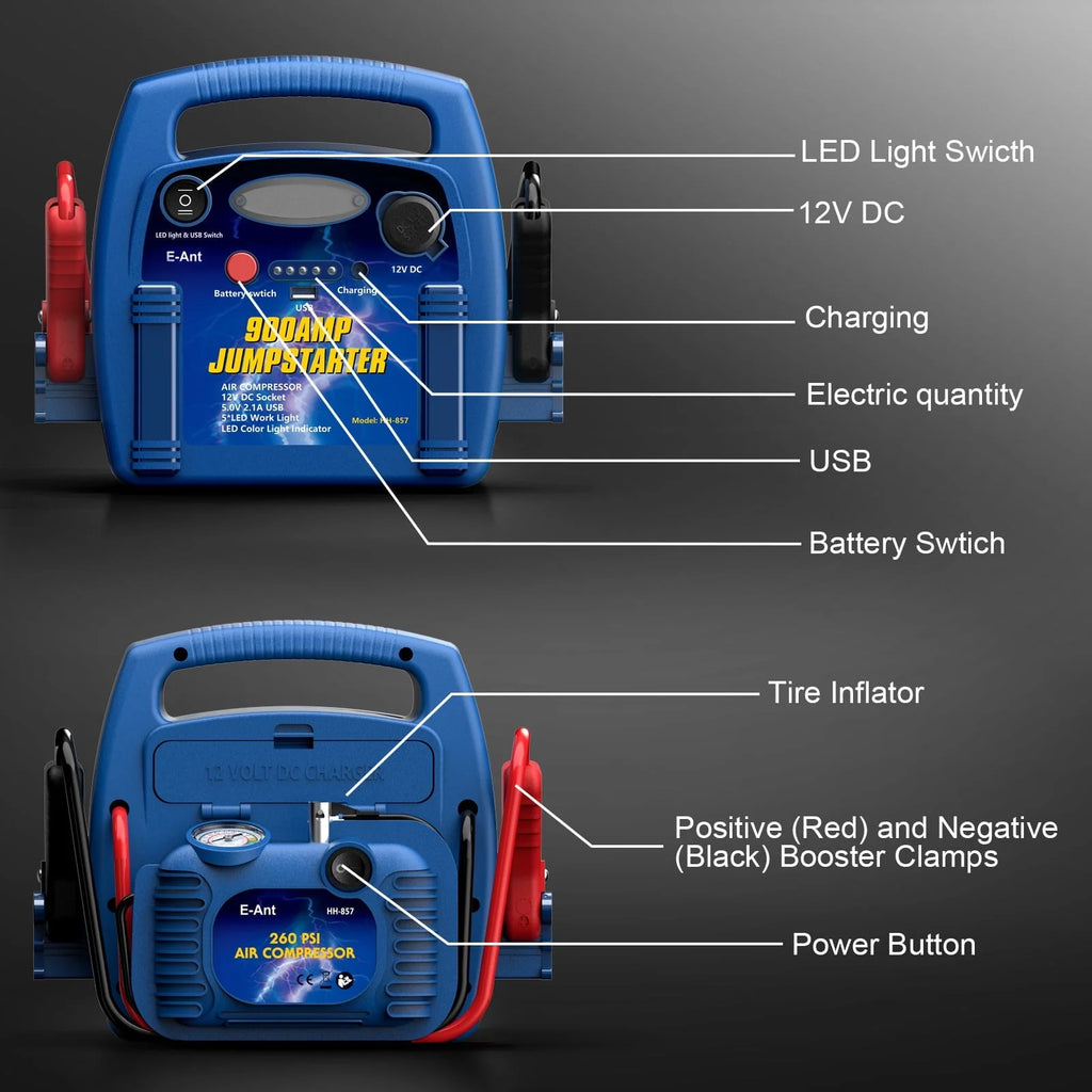E-Ant Jump Starter with Air Compressor, 900A Peak Jump Starter, 260 PSI Tire Inflator, 12V Battery Jumper Starter Portable, Jumper Cables for Up to 6.0L Gas/4.0L Diesel Engines with DC/USB Ports-Blue