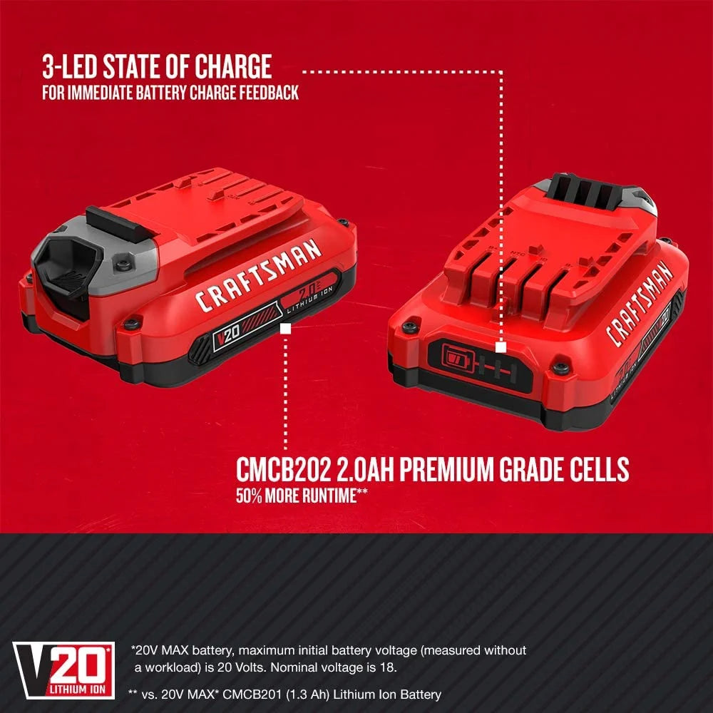 CRAFTSMAN V20 Lithium Ion Battery， 2.0-Amp Hour， 2 Pack (CMCB202-2)
