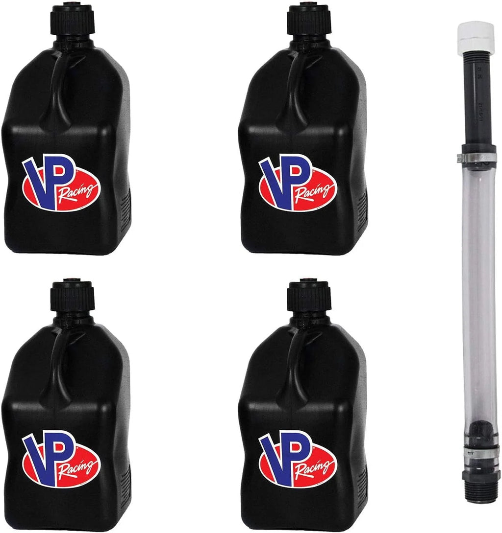VP Racing Fuels Motorsport 5 Gallon Square Plastic Utility Jug Black & 14 Inch Hose (4 Pack)
