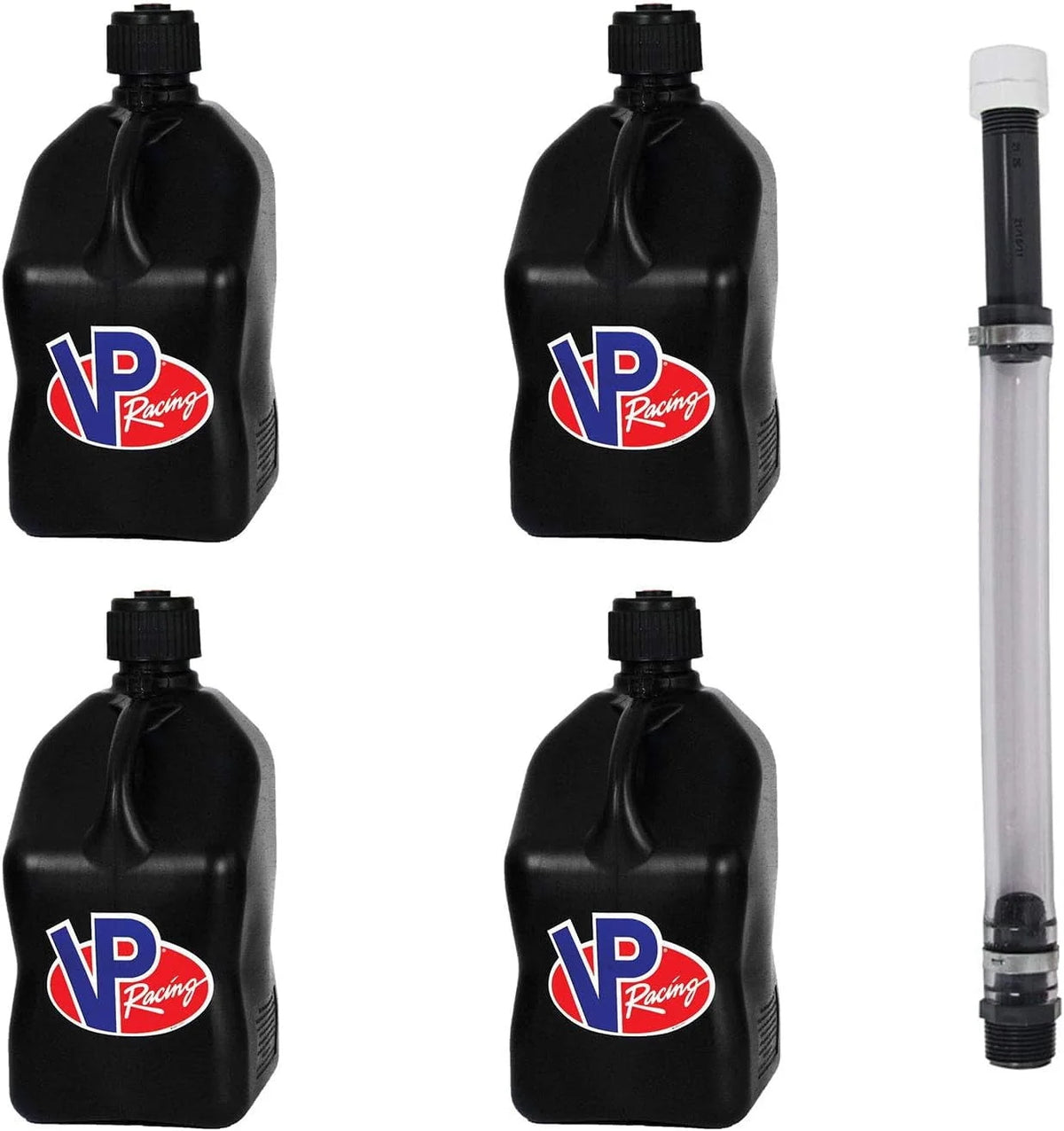 VP Racing Fuels Motorsport 5 Gallon Square Plastic Utility Jug Black & 14 Inch Hose (4 Pack)