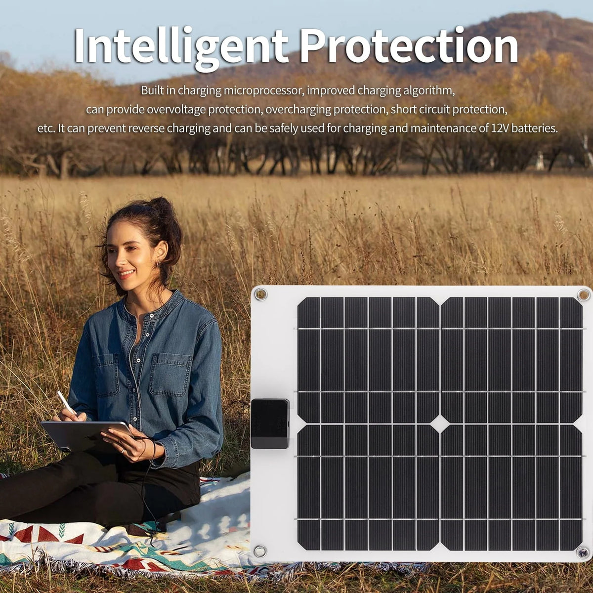 moobody 15W*2 5V/12V Solar Panel Car Battery with USB Chain Output Ports Portable Waterproof Trickle Battery & Maintainer for Car Boat Automotive RV Phones, Laptop Camera, 5V Devic