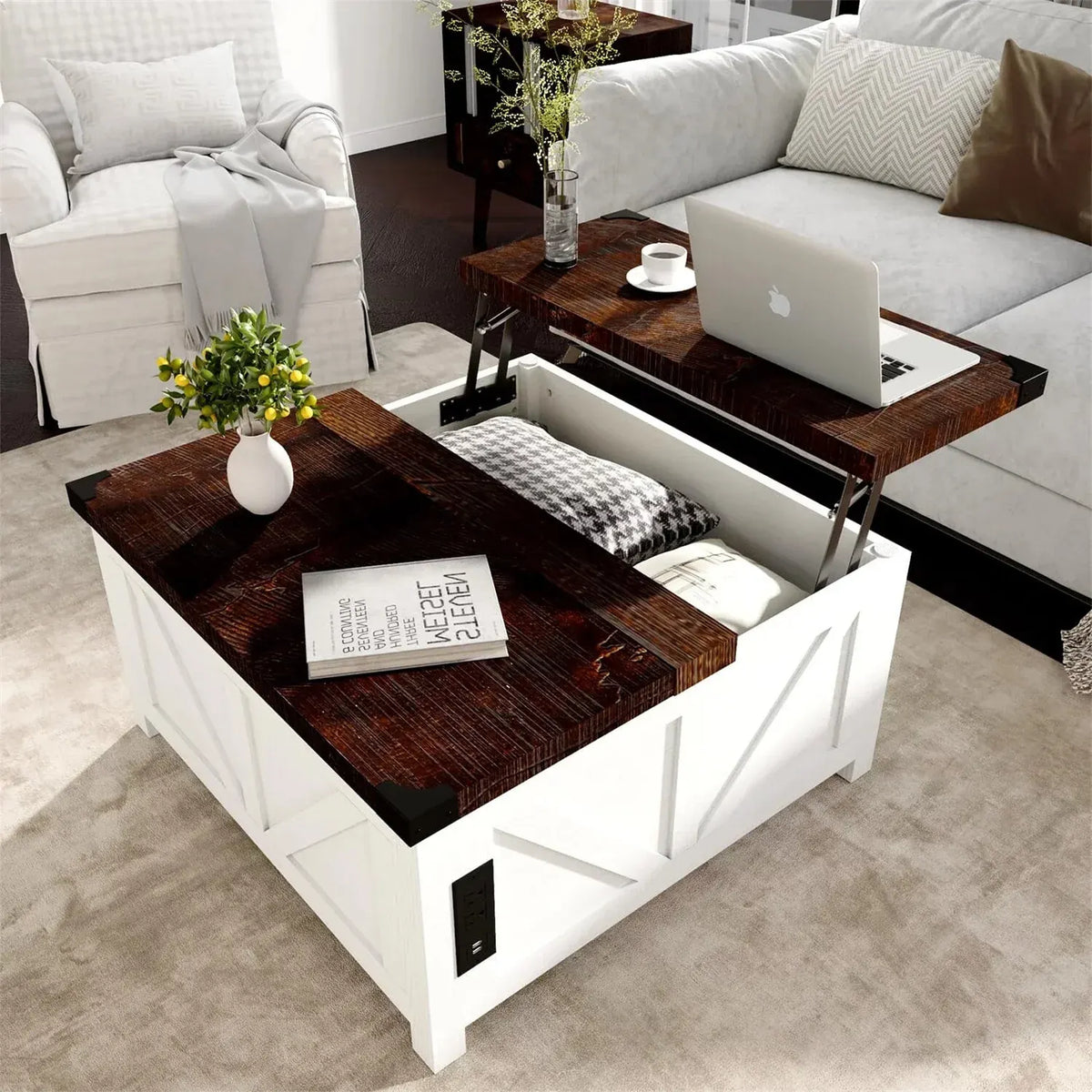 35.6 Farmhouse Lift Top Coffee Table, Square Center Table with Charging Statio