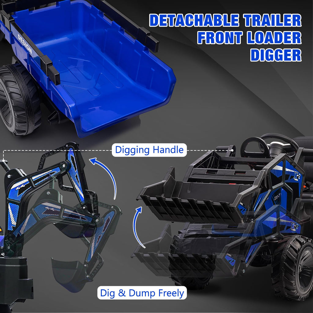 3-in-1 Ride-On Tractor, 24V Electric, Excavator & Bulldozer, Remote Control, LED, Music, USB/Bluetooth max 66 lbs – Bright-blue