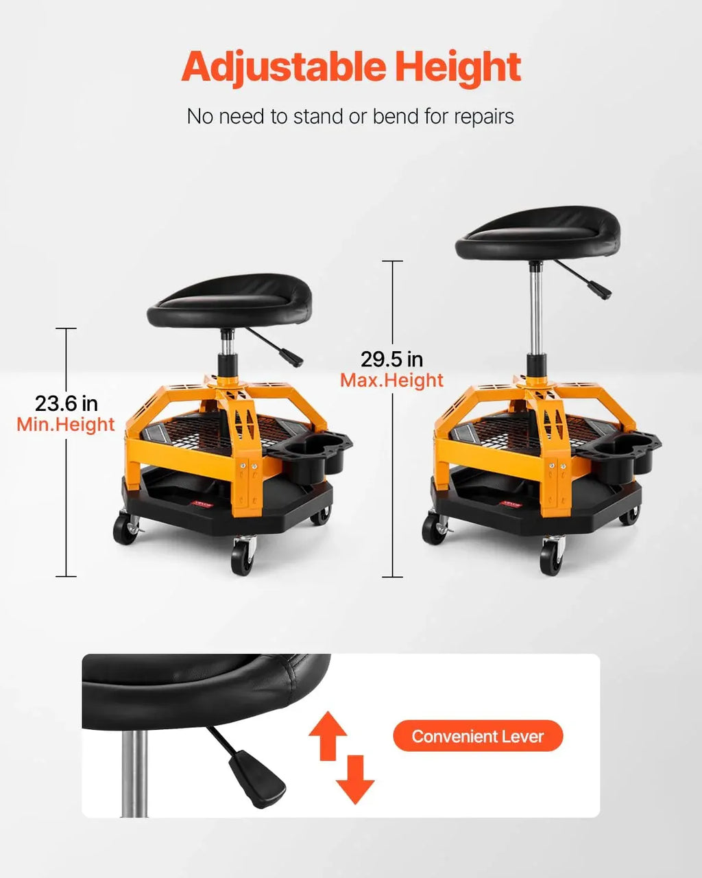 Garage Stool, Rolling Mechanic Stool with Dual Storage Trays, Pneumatic Height 23.6–29.5 in, Soft Waterproof Cushion, 360° Swivel Casters for Garage, Shop & Auto Repair