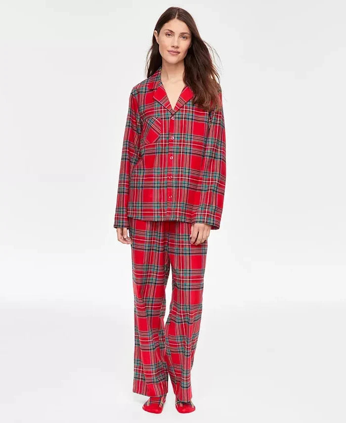Flannel Pajama Set with Button Front and Notched Collar, Plaid Pattern