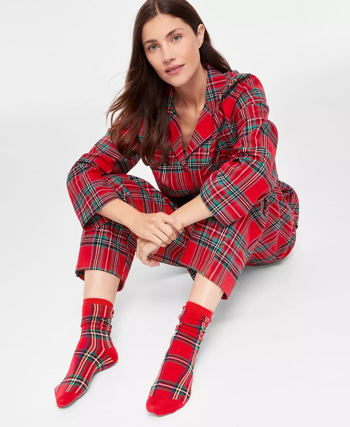 Flannel Pajama Set with Button Front and Notched Collar, Plaid Pattern