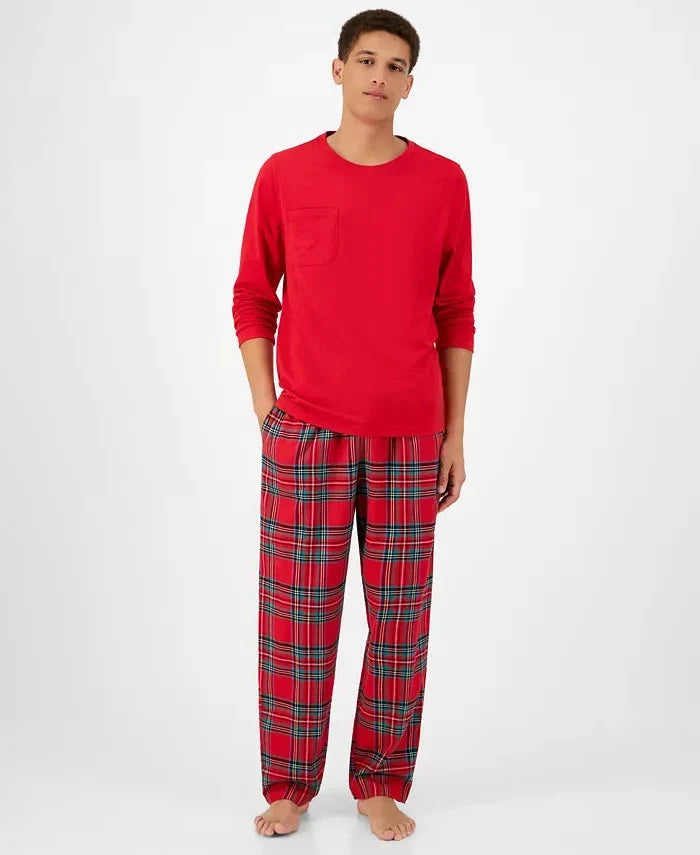 Cotton Flannel Pajama Set with Plaid Pattern and Pockets, Elastic Drawstring Waist
