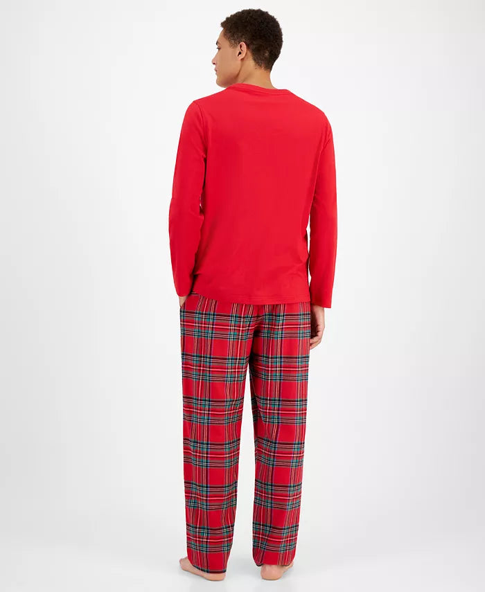 Cotton Flannel Pajama Set with Plaid Pattern and Pockets, Elastic Drawstring Waist