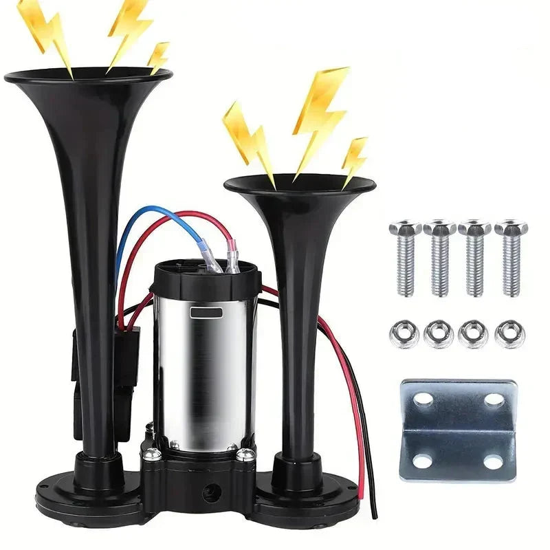 Electric Dual Air Horn with Auto-Refill Compressor and Mounting Bracket for 12V Vehicles