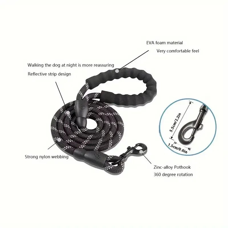 Dog Leash with Reflective Stitching and Padded Grip, Double Rope  Construction