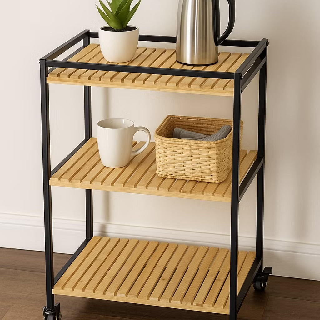 Bamboo Storage Trolley with Three Open Shelves and Rolling  Wheels