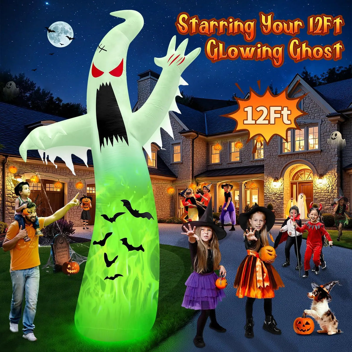 12FT Giant Halloween Inflatables Decoration Ghost with 3-Colored Flame Rotation LED Light Spooky Halloween Decorations Outdoor Blow Up Yard Decorations for Home Lawn Holiday Partyï1⁄4?PCS