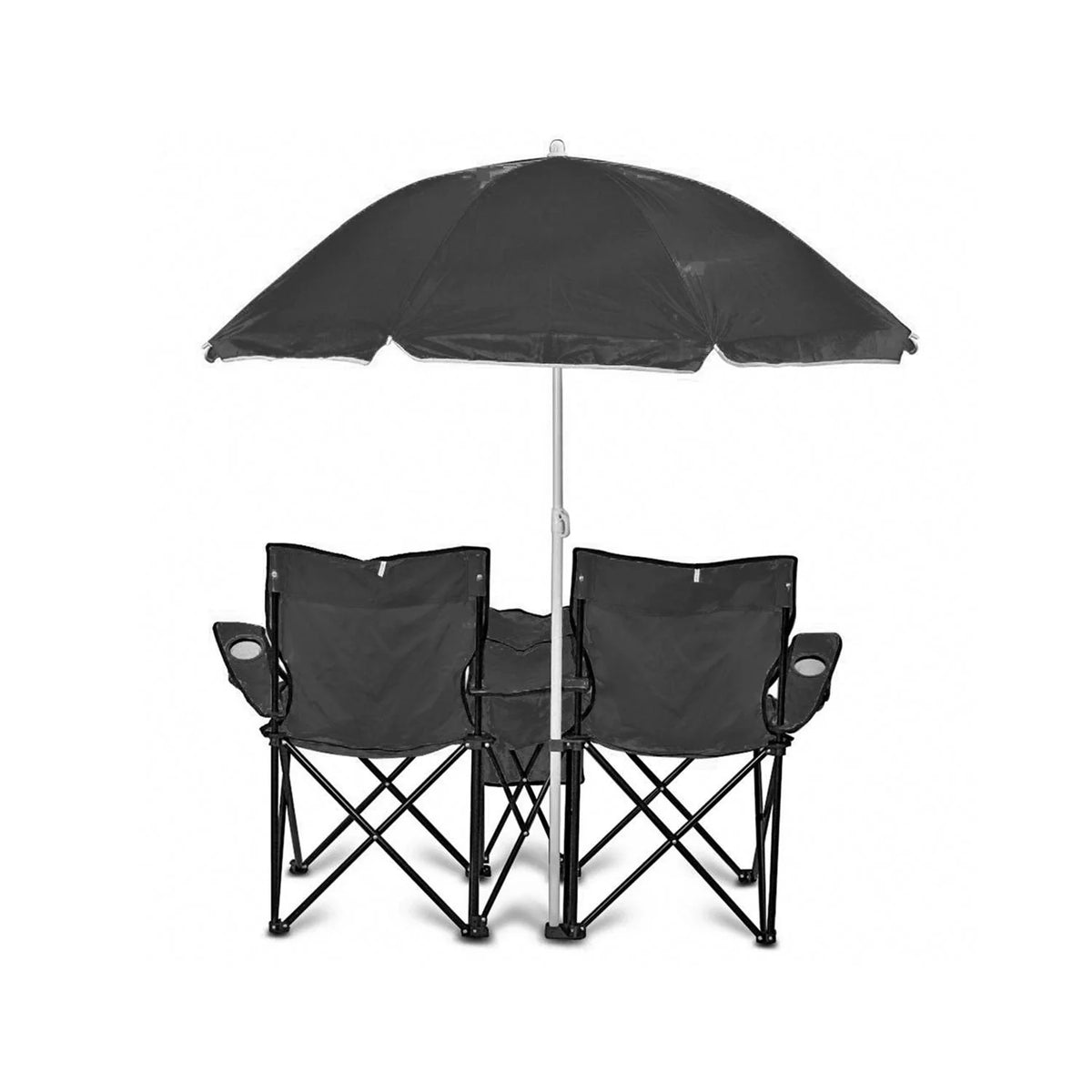 GoTeam Double Folding Camping Chair Set w/ Shade Umbrella & Cooler Bag, Black