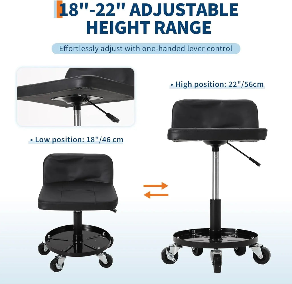 Rolling Shop Stool w/ 3 Locking Swivel Wheels, 300LB Capacity, 18-22 Height Adjustable with Soft Cushion & Tool Tray, Telescoping Mechanic Seat for Garage, Auto Repair, Heavy-Duty, Black